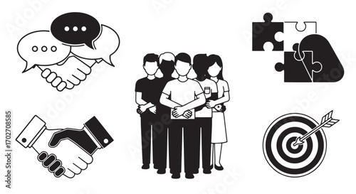 Team Collaboration in Simple Icons: A collection of monochrome graphic icons that depict team unity, agreement, goal setting, and partnership.