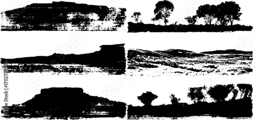 Black ink silhouette set depicting nature scenes of plateaus and plains