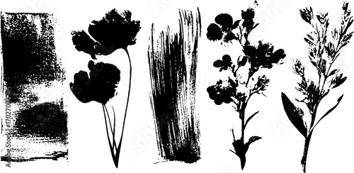 Black ink silhouette collection of spring flowers and botanical elements for artistic designs