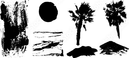Black ink silhouettes of palm trees and summer sun for nature-themed design