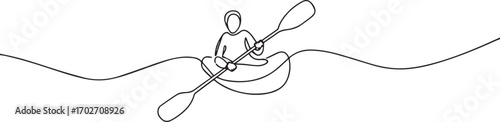 young man rafting on kayak or canoe one continuous line art, Vector illustration, One line art, Line art graphic style