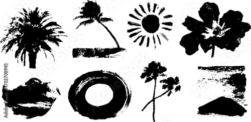 Black ink nature silhouettes: palm trees, sun, and tropical elements for creative design