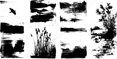 Black ink silhouette set of nature scenes at sunrise with clouds and water landscapes