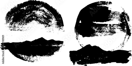 Black ink silhouette set featuring nature, sunset, mountains