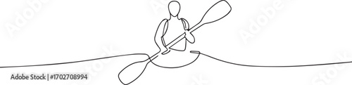 young man rafting on kayak or canoe one continuous line art, Vector illustration, One line art, Line art graphic style