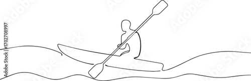 young man rafting on kayak or canoe one continuous line art, Vector illustration, One line art, Line art graphic style