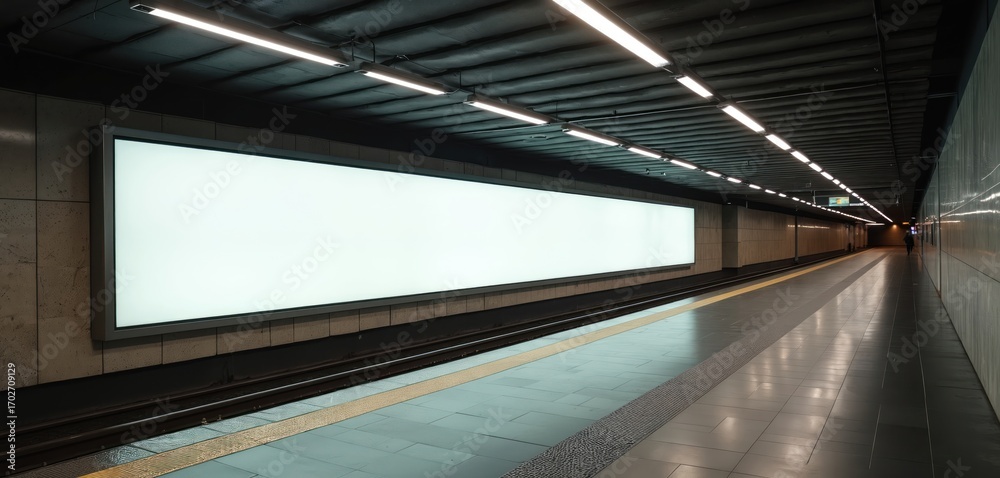 Fototapeta premium Modern subway platform with large billboard. Empty advertisement space for business marketing. Clean tile stone design. Minimalist contemporary urban architecture. Long empty platform. Train station.