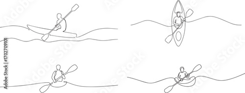 Set of young man rafting on kayak or canoe one continuous line art, Vector illustration, One line art, Line art graphic style