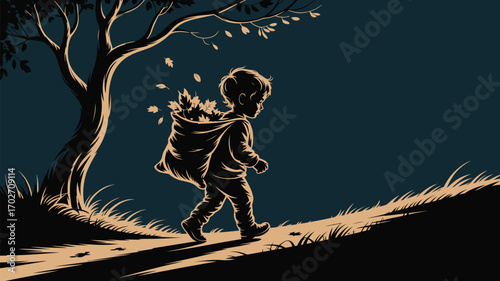 Whimsical autumn journey of a young boy carrying a bag of colorful leaves near a tree silhouette