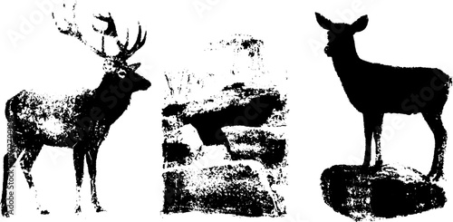 Black ink silhouettes of tundra deer in natural settings