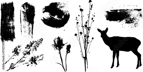 Black ink silhouette collection: tundra nature elements and wildlife for artistic designs