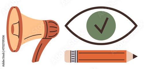 Megaphone symbolizing announcements, eye with a checkmark for vision or approval, pencil for creativity and planning. Ideal for teamwork, marketing, communication, validation, creativity, planning