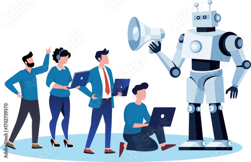 Business people and robot using megaphone to tell story to their friends. Marketing strategy information or announcements.