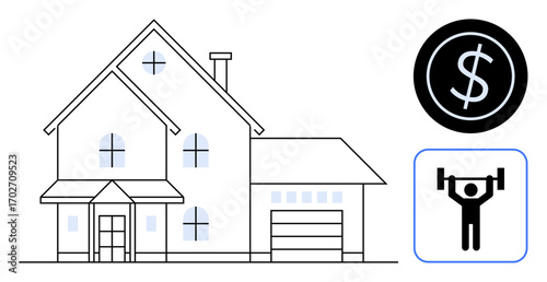 House with garage, black dollar sign, weightlifting figure. Ideal for home budgeting, financial planning, fitness goals, real estate, lifestyle management, investment strategy simple flat metaphor