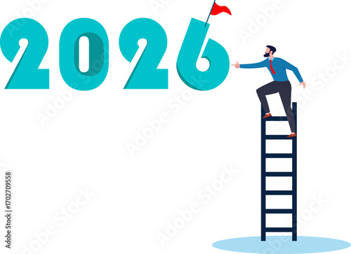 Vision to lead business to achieve goal businessman leader climb up to reach top of ladder high in the sky look forward to future 2025-2026 Years Ladder of success
