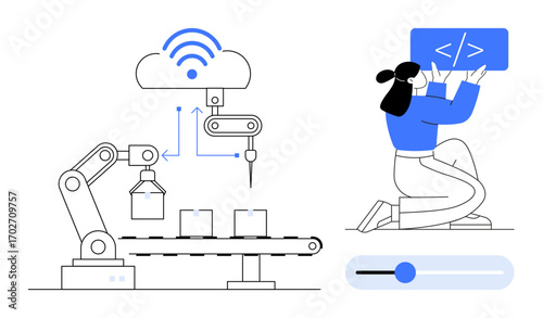 Robotic arm on conveyor belt linked to cloud, software developer coding panel. Ideal for automation, AI, IoT, smart manufacturing, programming, industrial processes, simple landing page