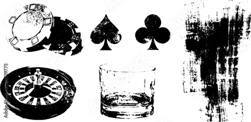 Noir casino collection with black ink silhouette featuring chips and ace for urban grunge art