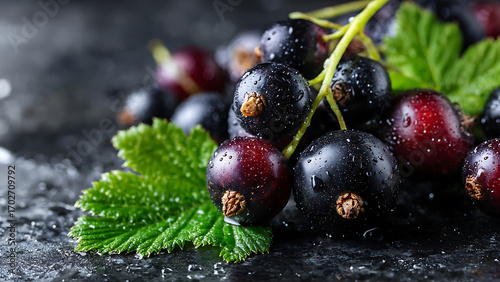 Lush Blackcurrants and Green Leaf Adorned with Sparkling Water Droplets on Dark Textured Surface, Close-up