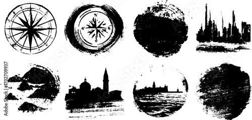 Old maps silhouette set with urban landscapes and compass design for creative projects