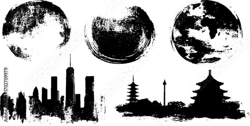 Urban and historical silhouettes: grunge ink cityscapes and world map design