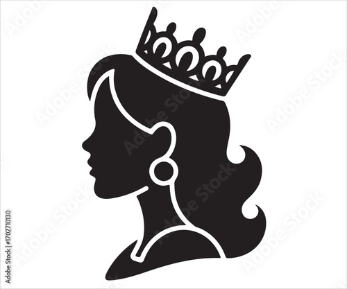 Black silhouette of elegant woman wearing crown isolated on white background, vector illustration symbolizing queen, princess, royalty, beauty, nobility, fashion, leadership, luxury, power, and decora