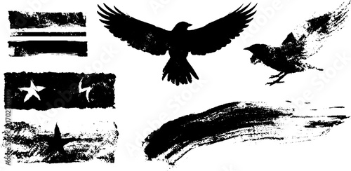 Black ink silhouette collection of birds and badges with rough textures for creative design