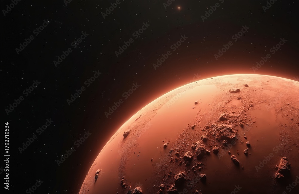 Fototapeta premium Close-up of Mars shows red surface textures, rugged terrain with ample copy space. Minimalistic image offers clean depiction of Martian landscape, stark contrast between rocky formations, smooth