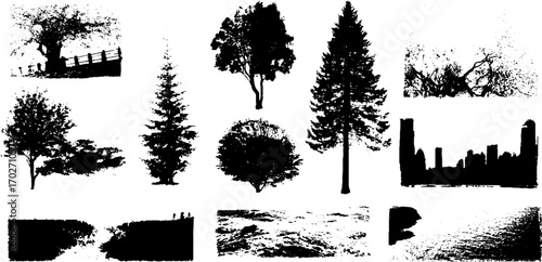 Black ink silhouettes of trees and city vignettes for artistic borders and designs