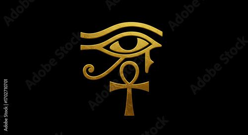 Golden eye of horus with ankh symbol on a black background for ancient themes