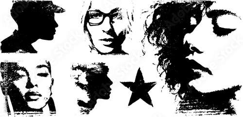 Black ink silhouette collection of pop art portraits with star element