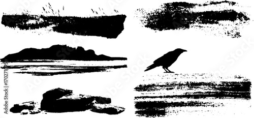 Black ink silhouette collection of post-apocalyptic landscapes and elements