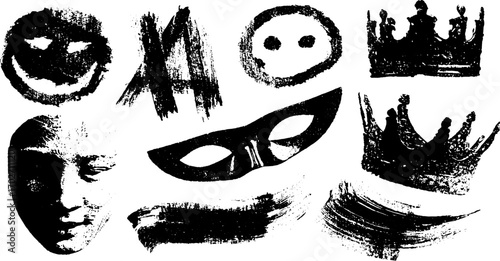 Black ink silhouette collection of rebellion symbols and crowns for urban art design
