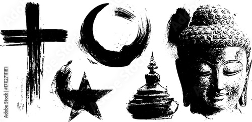 Black ink silhouette set of religious symbols for design and spiritual themes