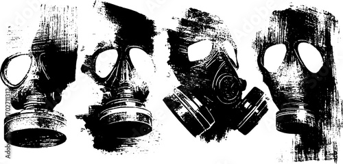 Black ink silhouette set of respirators and gas masks for urban art design