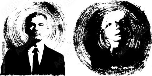 Retro black ink silhouette portraits with grunge effect for urban art design