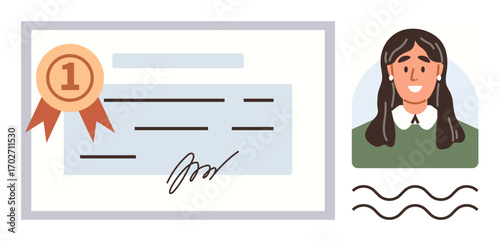 Certificate with signature and first-place ribbon next to a smiling woman portrait. Ideal for education, recognition, achievement, certification, success, career, or personal branding. Simple flat