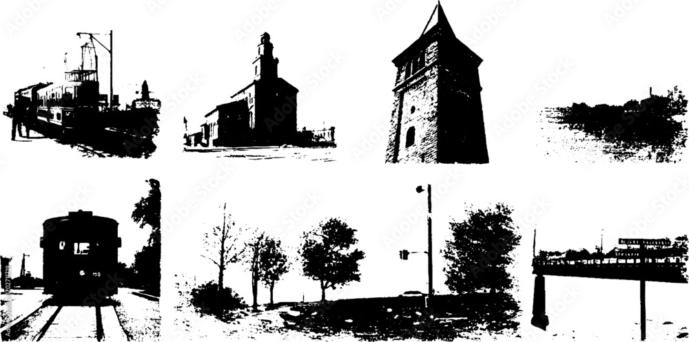 Obraz premium Vintage landscape silhouettes: retro buildings and scenic views in black ink