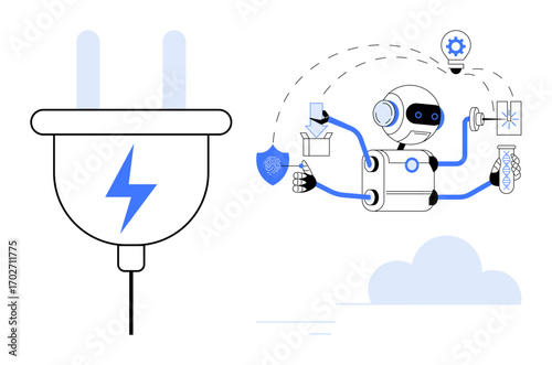 Robot using multiple arms to perform tasks thumbs up innovation, testing, security, and efficiency with energy plug element. Ideal for AI, automation, innovation, technology, sustainability science