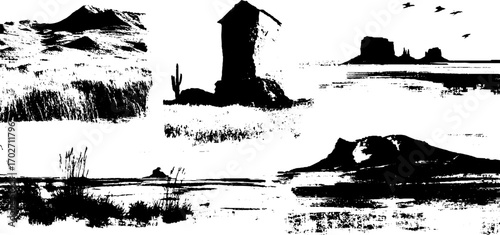 Black ink silhouette collection of desert landscape scenes and sand dunes