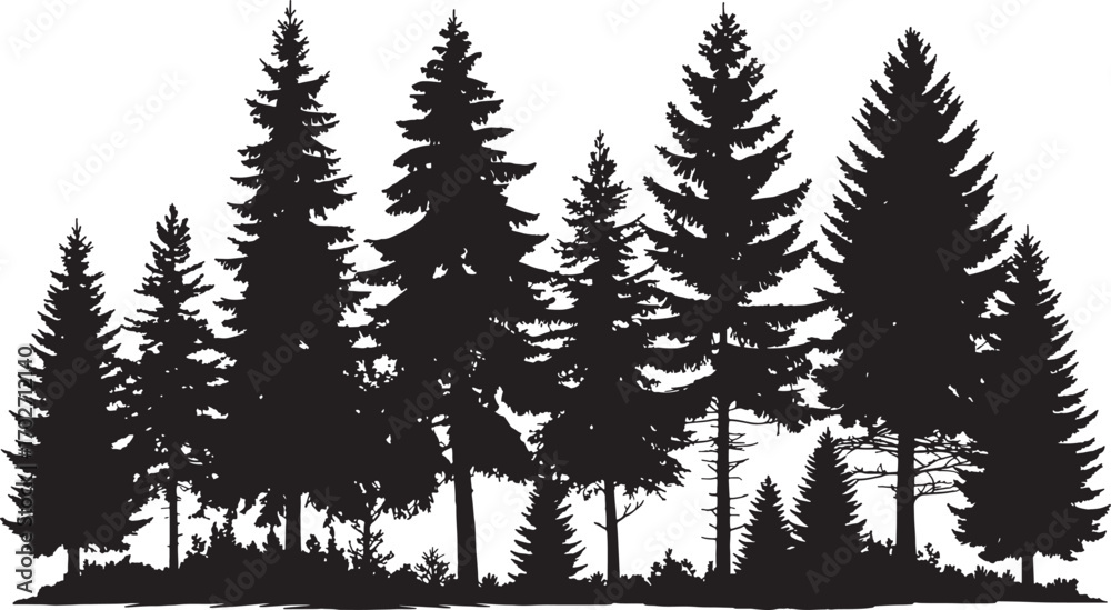 Fototapeta premium Pine tree silhouette. Forest landscape shape. Black nature outline. Evergreen vector symbol.