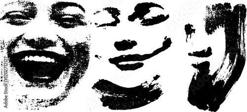 Black ink silhouette faces with smiles and grins for creative design