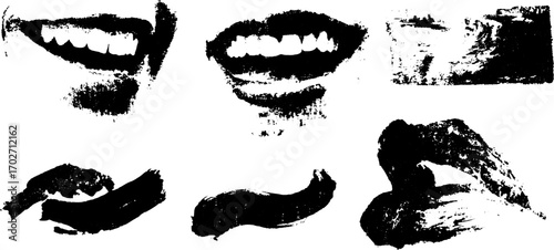 Black ink silhouette set featuring wide grin smiles and abstract expressions for creative designs