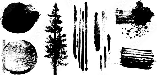Black ink silhouette of spray effects and paint strokes for creative design