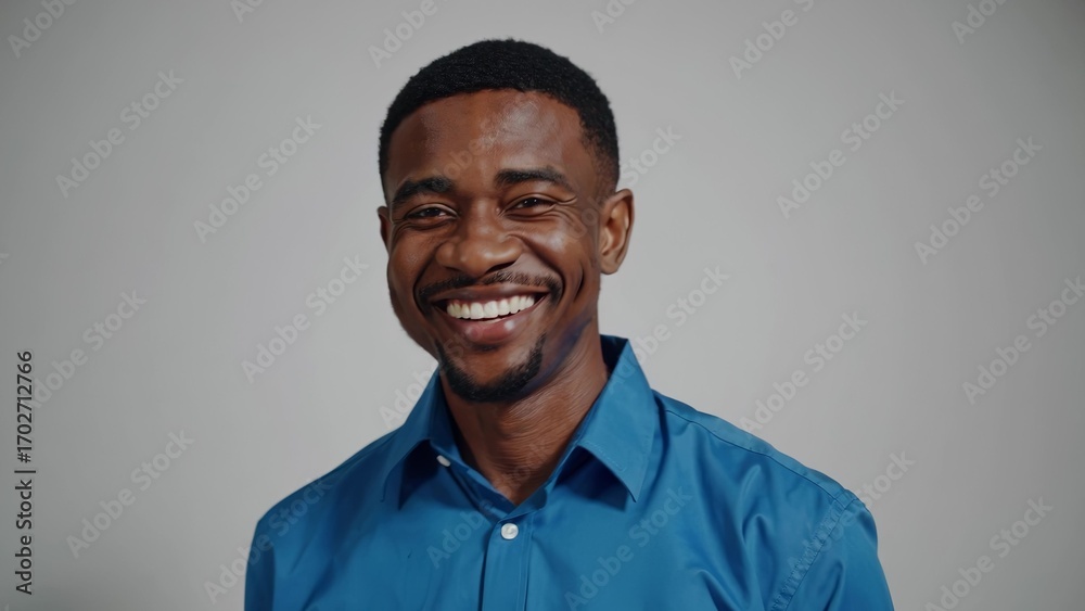 Fototapeta premium Smiling black man in a blue shirt. Portrait of a man in blue shirt. Professional standing in casual attire. A cheerful black man dressed in a blue shirt lifestyle.