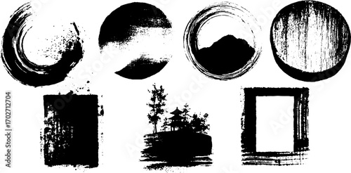 Black ink silhouette and round stamp set for creative designs