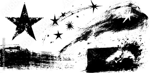 Black ink silhouette set of stars with grunge texture for creative design