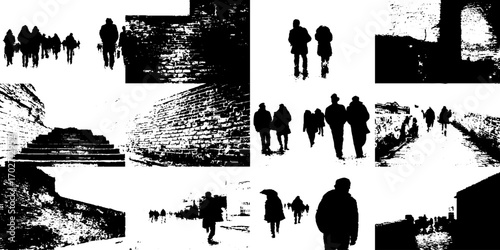 Black ink silhouette set featuring urban street art backgrounds