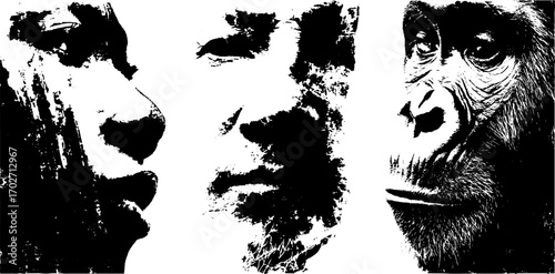 Black ink silhouette set featuring street art with human and animal faces