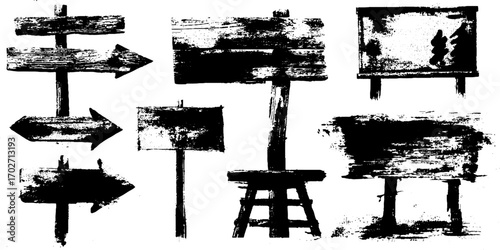 Black ink silhouette of grunge street signposts set for urban design