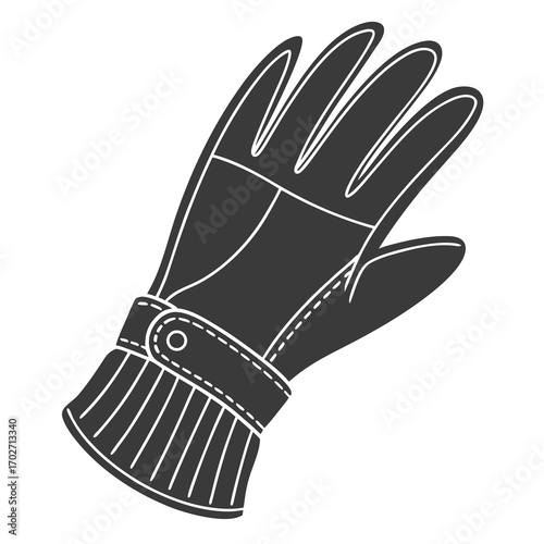 A simple stylized black and white illustration of a single glove with a ribbed cuff and a strap closure isolated on a white background